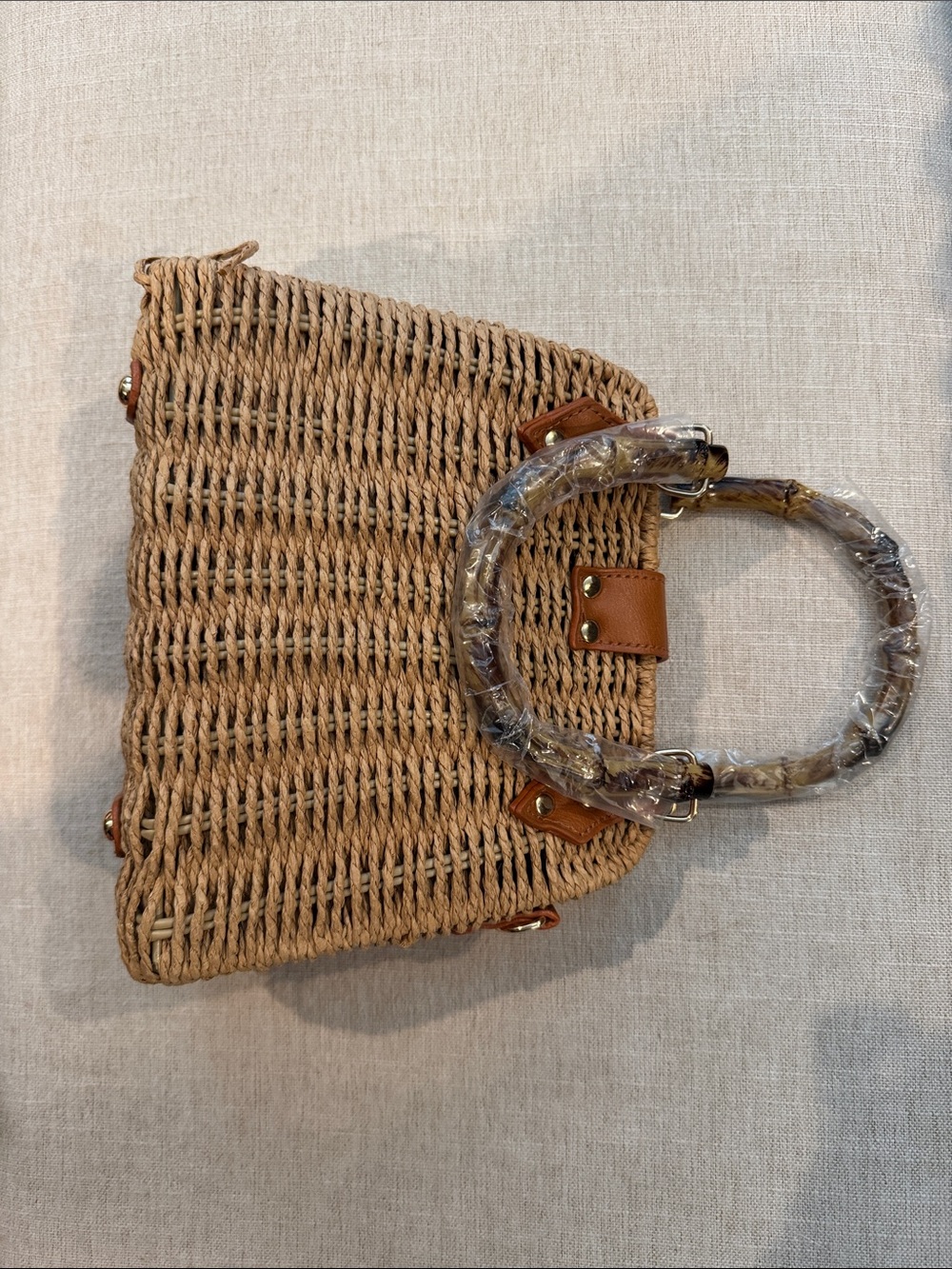 Woven Straw Tote Bag with Tan Leather Trim - Picture 2 of 5